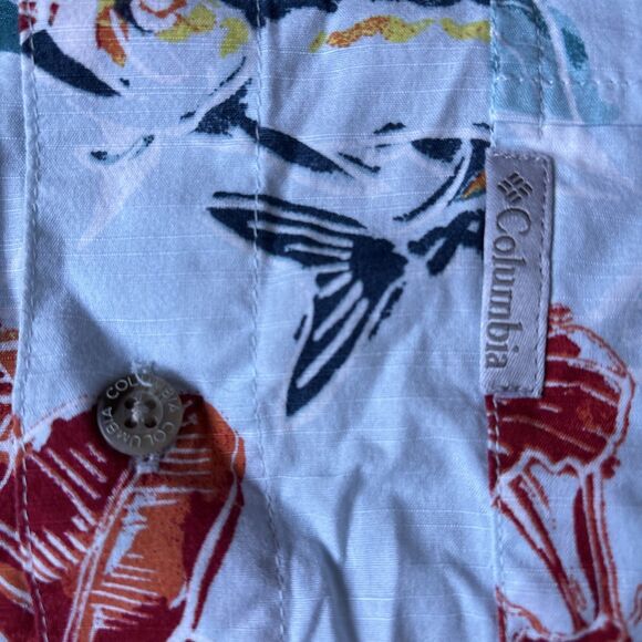Men’s Columbia Button Down T Shirt Fish and Plant Print Blue Red Orange Size L - Picture 3 of 8